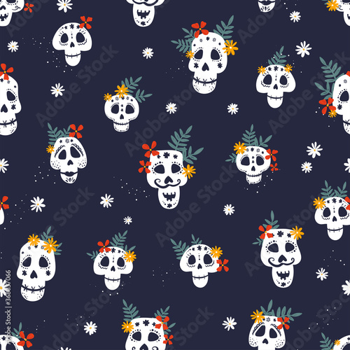 Day of the dead, Dia de los muertos background and seamless pattern, hand drawn with decoration and flowers, great for textiles, banners, wallpapers, wrapping - vector design