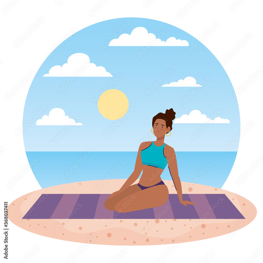 woman afro with swimsuit sitting on the towel, in the beach, holiday vacation season vector illustration design