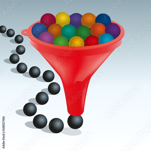 Concept de la standardisation et de l’uniformité, avec des billes de couleurs différentes qui deviennent toutes d’un noir identique en passant au travers d’un entonnoir.