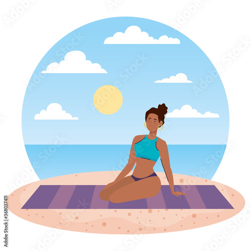 woman afro with swimsuit sitting on the towel, in the beach, holiday vacation season vector illustration design © Gstudio