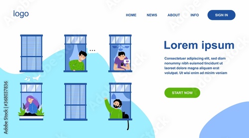 Apartment open windows with friendly neighbors flat vector illustration. Young people living in one building, man with cat talking with other guy. Lifestyle and friendship concept