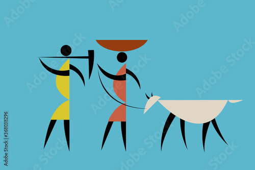 Tribal style illustration of farmers with livestocks. photo