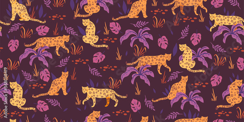 Seamless pattern with tropical leaves and leopards. Vector graphics
