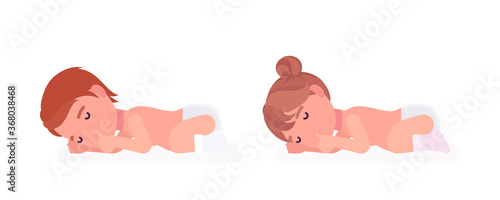 Toddler child, little boy and girl sleeping calm, sucking finger. Cute sweet happy healthy baby, children aged 12 to 36 months, wearing diaper and white socks. Vector flat style cartoon illustration