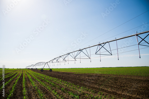 Modern agricultural irrigation system spraying in field