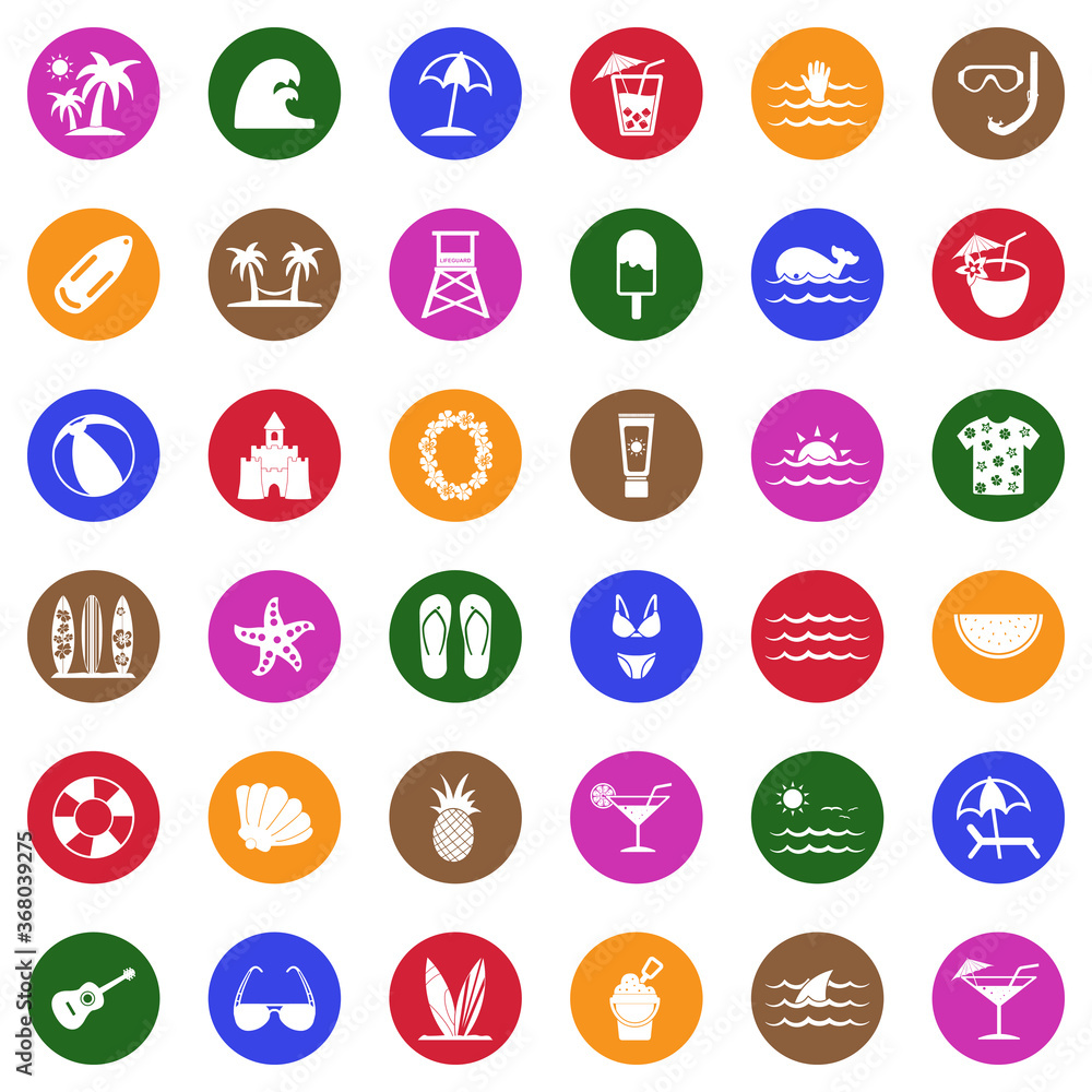 Beach Icons. White Flat Design In Circle. Vector Illustration. Beach Icons. White Flat Design In Circle. Vector Illustration.