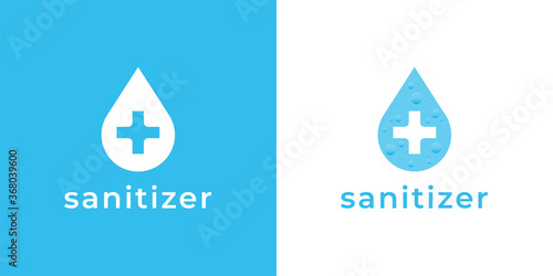 Sanitizer water drop with medical cross bottle label icon. Wash hands sanitation symbol. Hygiene care liquid sign. Vector illustration.