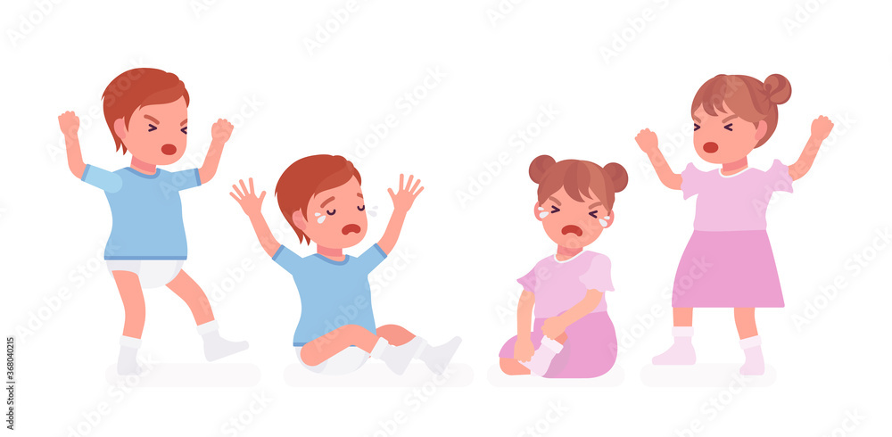 Toddler child, little boy, girl expressing bad emotions, crying in tears. Cute sweet sad healthy baby aged 12 to 36 months wearing blue tee shirt, dress, diaper. Vector flat style cartoon illustration Toddler child, little boy, girl expressing bad emotions, crying in tears. Cute sweet sad healthy baby aged 12 to 36 months wearing blue tee shirt, dress, diaper. Vector flat style cartoon illustration