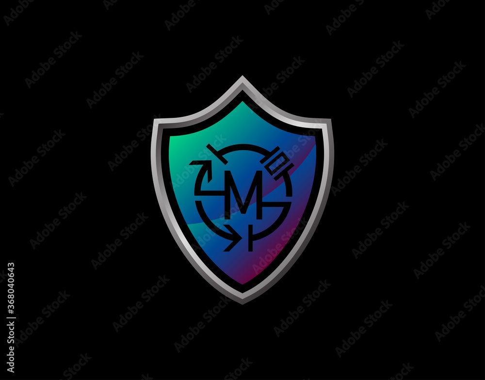 Shield M Letter Logo With Electrical Code and Modern Shield Design. Security M Icon Protection Design Template. Shield M Letter Logo With Electrical Code and Modern Shield Design. Security M Icon Protection Design Template.