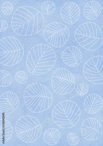 ナチュラルな青色の紙に描かれた北欧風の葉っぱのパターン