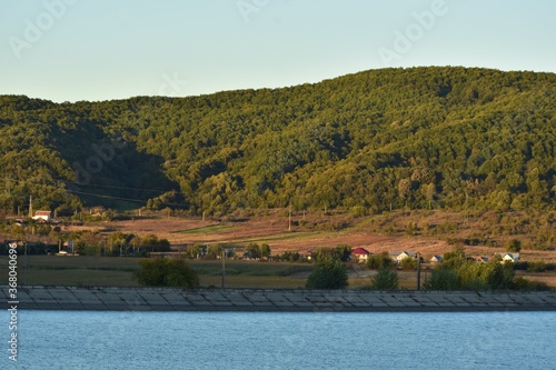 green forest reflected in the lake in summer