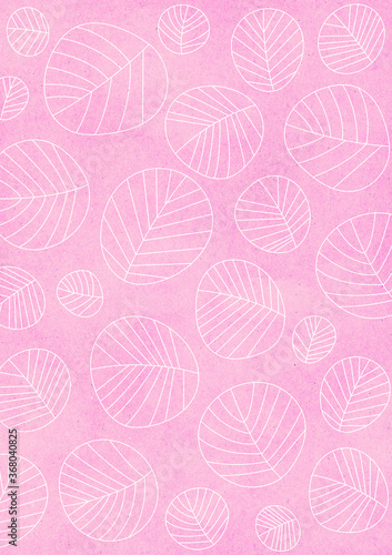 ナチュラルなピンク色の紙に描かれた北欧風の葉っぱのパターン