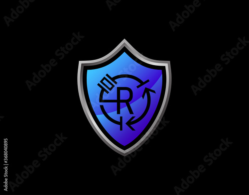 Fototapeta Naklejka Na Ścianę i Meble -  Electro Shield R Letter Logo With Electrical Code and Modern Shield Design. Security R Icon Protection Design Template.
