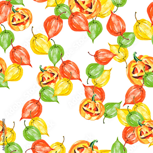 Fototapeta Naklejka Na Ścianę i Meble -  Orange pumpkin watercolor. Pumpkin for Halloween, for a holiday. Night party. Sinister pumpkin. physalis, autumn leaves. On isolated background. Watercolor seamless pattern for halloween.