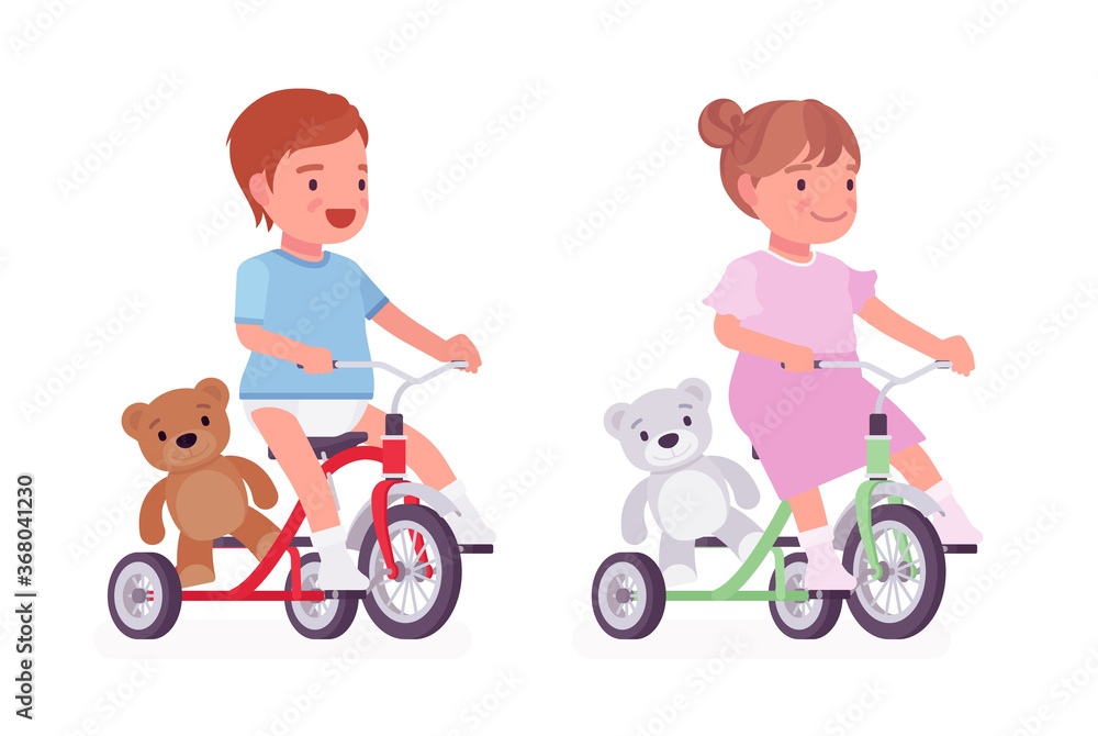 Toddler child, little boy and girl riding a tricycle with teddy bear. Cute sweet happy healthy baby, small children aged 12 to 36 months. Vector flat style cartoon illustration, white background Toddler child, little boy and girl riding a tricycle with teddy bear. Cute sweet happy healthy baby, small children aged 12 to 36 months. Vector flat style cartoon illustration, white background
