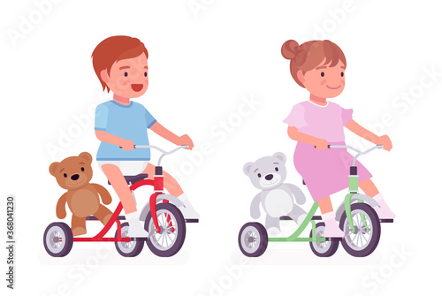 Toddler child, little boy and girl riding a tricycle with teddy bear. Cute sweet happy healthy baby, small children aged 12 to 36 months. Vector flat style cartoon illustration, white background