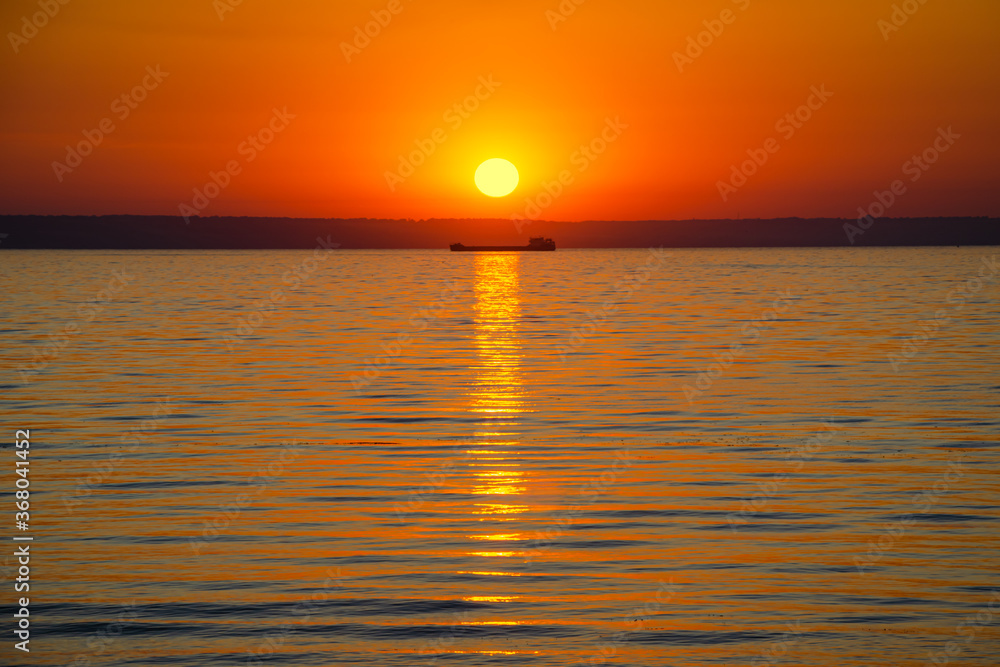 The picture was taken in Energodar, Ukraine on July 25, 2020 on the bank of the Dnipro river on a summer morning at dawn