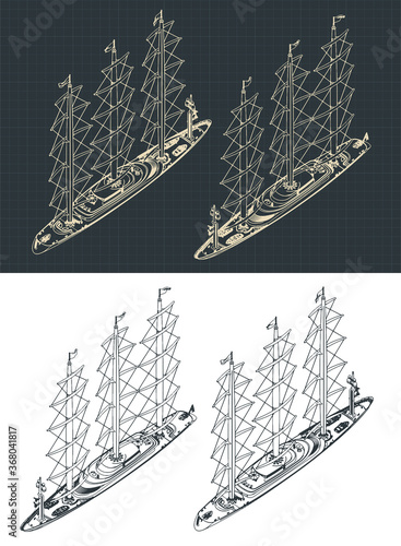 Large modern sailing ship isometric drawings with the sails down