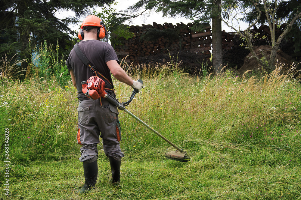 Landscapers men gardeners cutting grass with string lawn trimmers