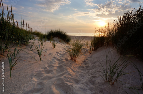 Obraz na płótnie Zachód słońca ,plaża w Kołobrzegu,biały piasek,wydmy na wybrzeżu Morza Bałtyckiego. w salonie