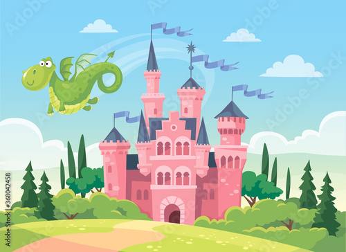 Vector illustration for children with fairy pink castle. Medieval fairytale magical magic fortress fort royal palace.