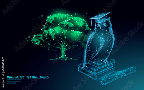 Innovation biological eco education school. E-learning distance concept. Graduate certificate program concept. Low poly 3D internet education vector illustration