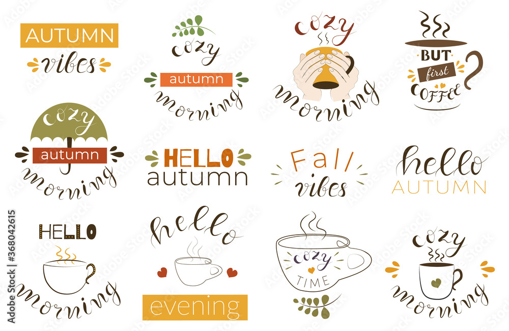 Set of 12 hand drawn fall quotes. Autumn lettering phrases with cute elements and lineart vector illustration.