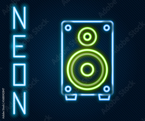 Glowing neon line Stereo speaker icon isolated on black background. Sound system speakers. Music icon. Musical column speaker bass equipment. Colorful outline concept. Vector Illustration.