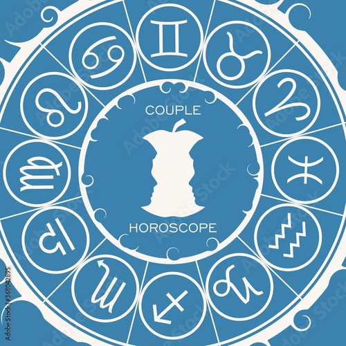 Mystical geometry symbol. Linear alchemy, occult, philosophical sign. Astrology and religion concept. Zodiac circle. Optical illusion. Human heads make silhouette of fruit