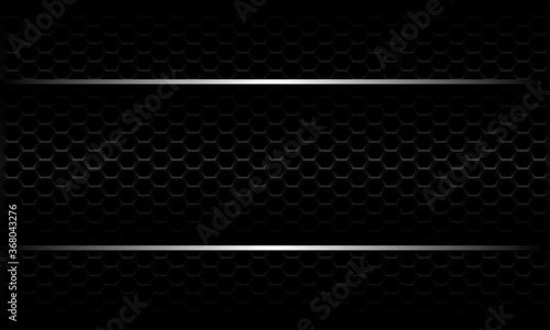 Abstract silver line banner on black hexagon mesh pattern metallic design modern luxury futuristic background vector illustration.
