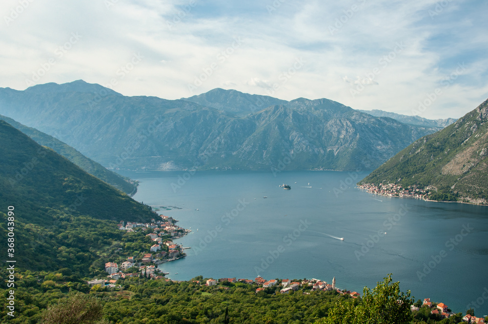 View to Perast and Boka Kotorska from Gornij Stoliv. Montenegro Bay of Kotor 2018