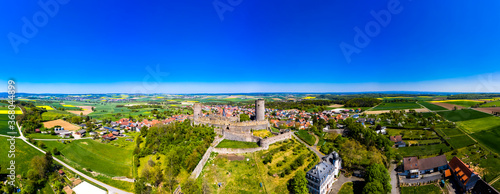 Aerial view, Münzenberg castle, Muenzenberg village, Wetterau, Hesse, Germany © David Brown