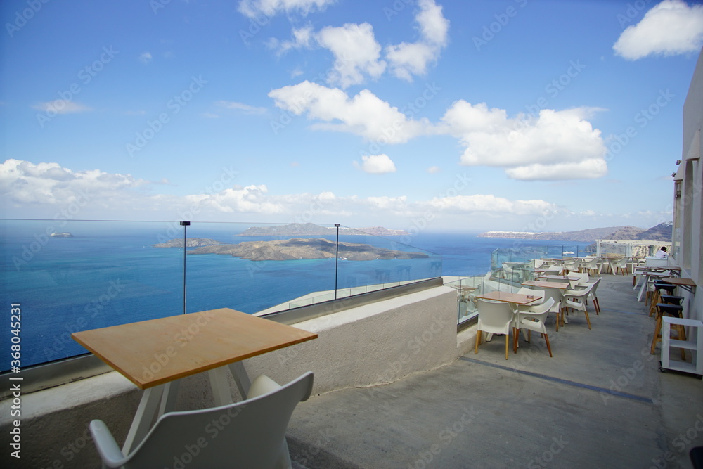 Beautiful landscape of Santorini island from the restaurant Beautiful landscape of Santorini island from the restaurant