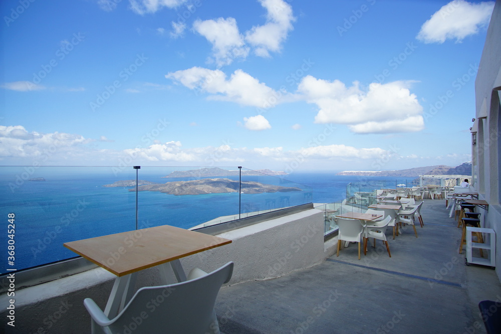 Beautiful landscape of Santorini island from the restaurant