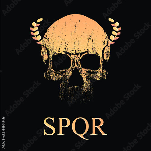 Vector illustration of golden skull with laurel wreath isolated on black background. Head of dead Roman emperor.