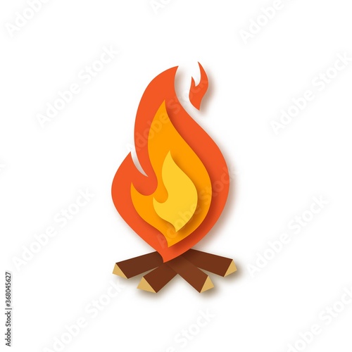 Bright flat bonfire with wood isolated on white background. Campfire, fireplace, flames. Camping, tourism. Paper cut out art digital craft style. Vector illustration