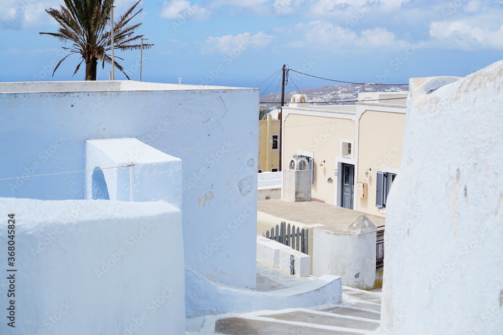 The beautiful alley of Santorini island at night in Greece, Europe