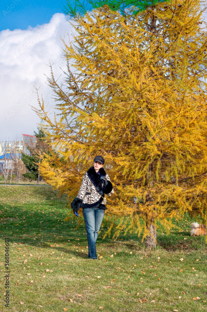 A girl in an autumn park at a big tree under blue cloudy sky. Fall time. A girl in an autumn park at a big tree under blue cloudy sky. Fall time.