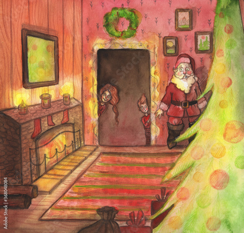 Santa Claus is hiding from children. Christmas interior