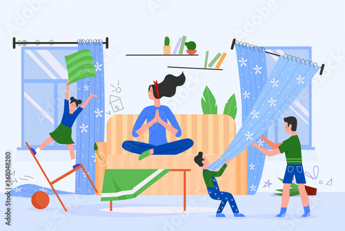 Mother family time vector illustration. Cartoon flat calm mom character sitting in yoga lotus asana pose, meditating when kids making chaos, children running around. Parenting motherhood background