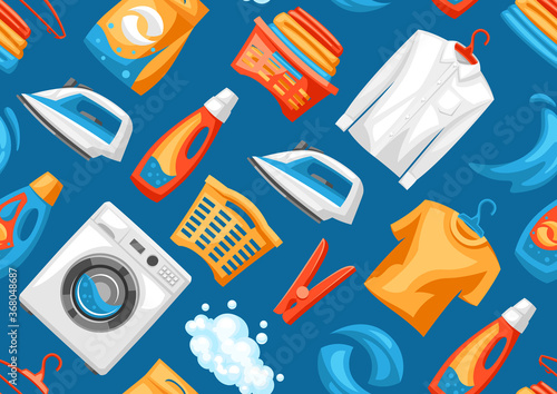 Laundry service seamless pattern with professional items.