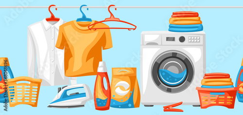 Laundry service seamless pattern with professional items.