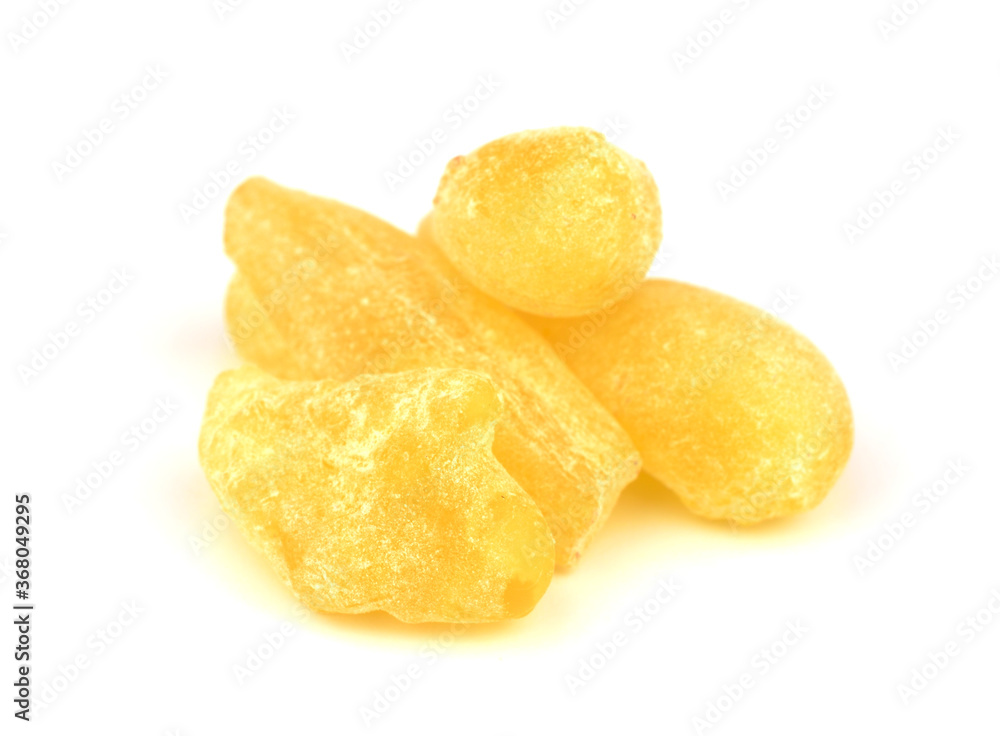 Closeup on Frankincense (Olibanum). Yellow Aroma Resin Gum. Isolated on White Background.
