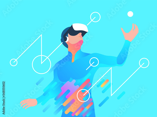 Enthusiastic man using virtual reality headset. Vector illustration