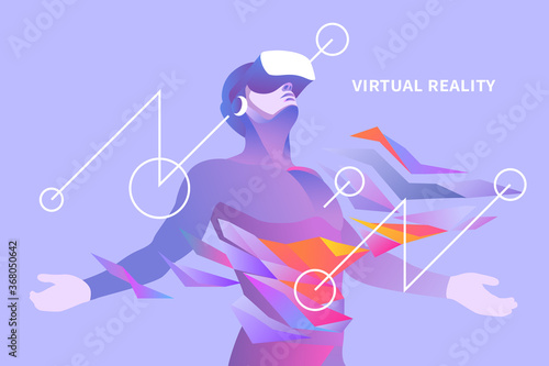 Excited man with virtual reality headset in abstract world. Vector illustration