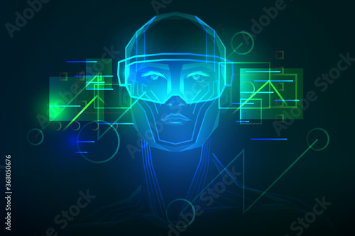 Man wearing augmented or mixed reality glasses. Abstract holography with data and graph. Vector illustration
