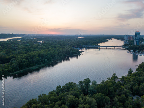 Sunset over the Dnieper River in Kiev. Aerial drone view. © Sergey