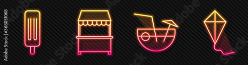 Set line Coconut cocktail, Ice cream, Street stall with awning and Kite. Glowing neon icon. Vector.