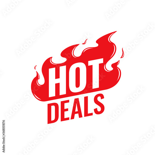 Hot Deals vector icon. Flat promotion fire banner, price tag, hot deal, sale, offer, price. Isolated on a white background