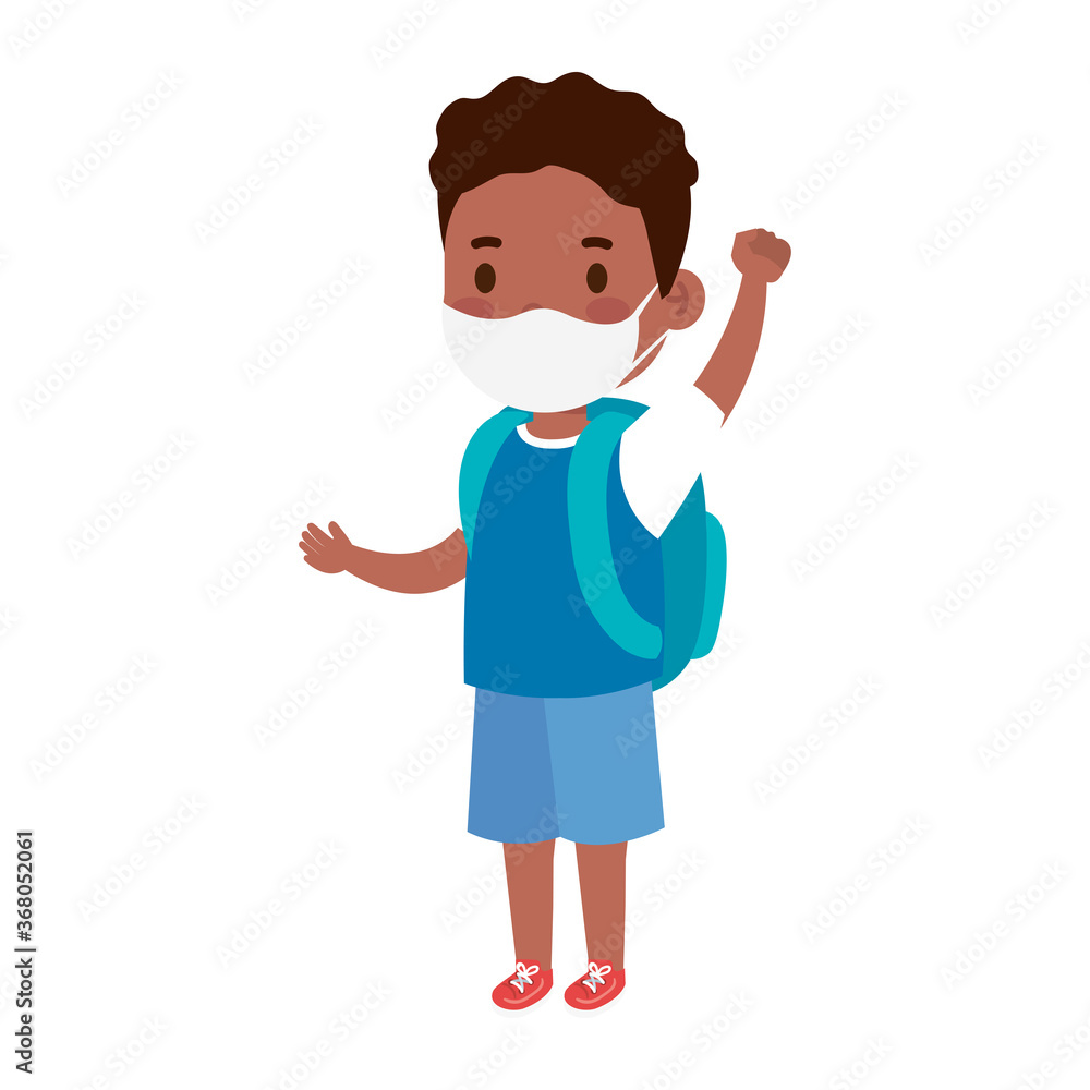 cute student boy afro wearing medical mask to prevent coronavirus covid 19 with school bag vector illustration design